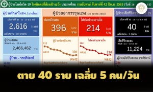 ตายวันละ 5 คน! โควิดไทยสัปดาห์ล่าสุด เสียชีวิต 40-ติดเชื้อใหม่ 2,616 เฉลี่ย 373  