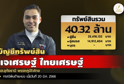 INFO: ทรัพย์สิน 40.32 ล. 'เจเศรษฐ์ ไทยเศรษฐ์' สส.อุทัยธานี พรรคภูมิใจไทย