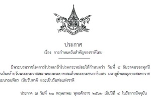 โปรดเกล้าฯให้กำหนดวันที่ 5 ธันวาคมทุกปี เป็นวันสำคัญของชาติไทย